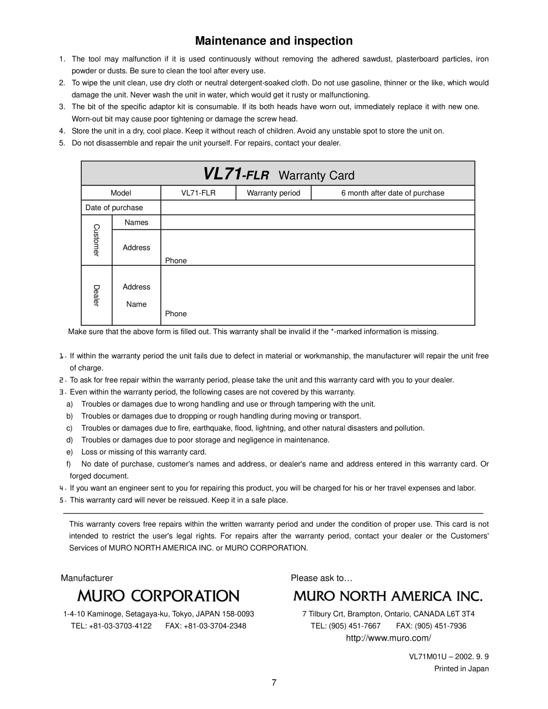 MURO manual Maintenance and inspection, VL71-FLRWarranty Card 