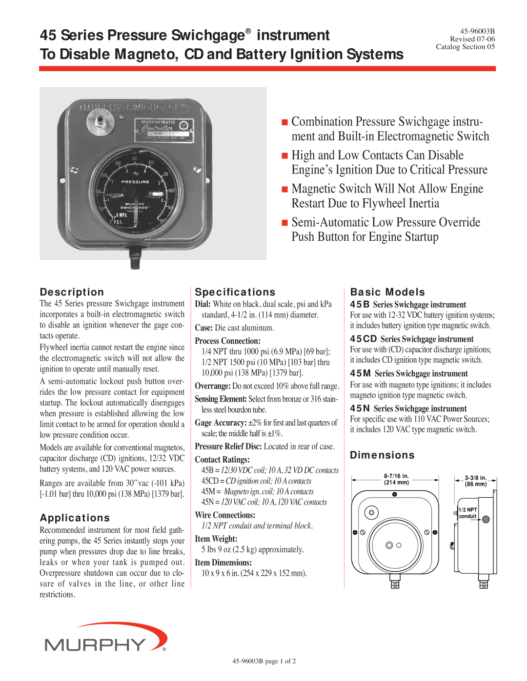 Murphy 45 Series dimensions Description, Specifications, Basic Models, Applications, Dimensions 