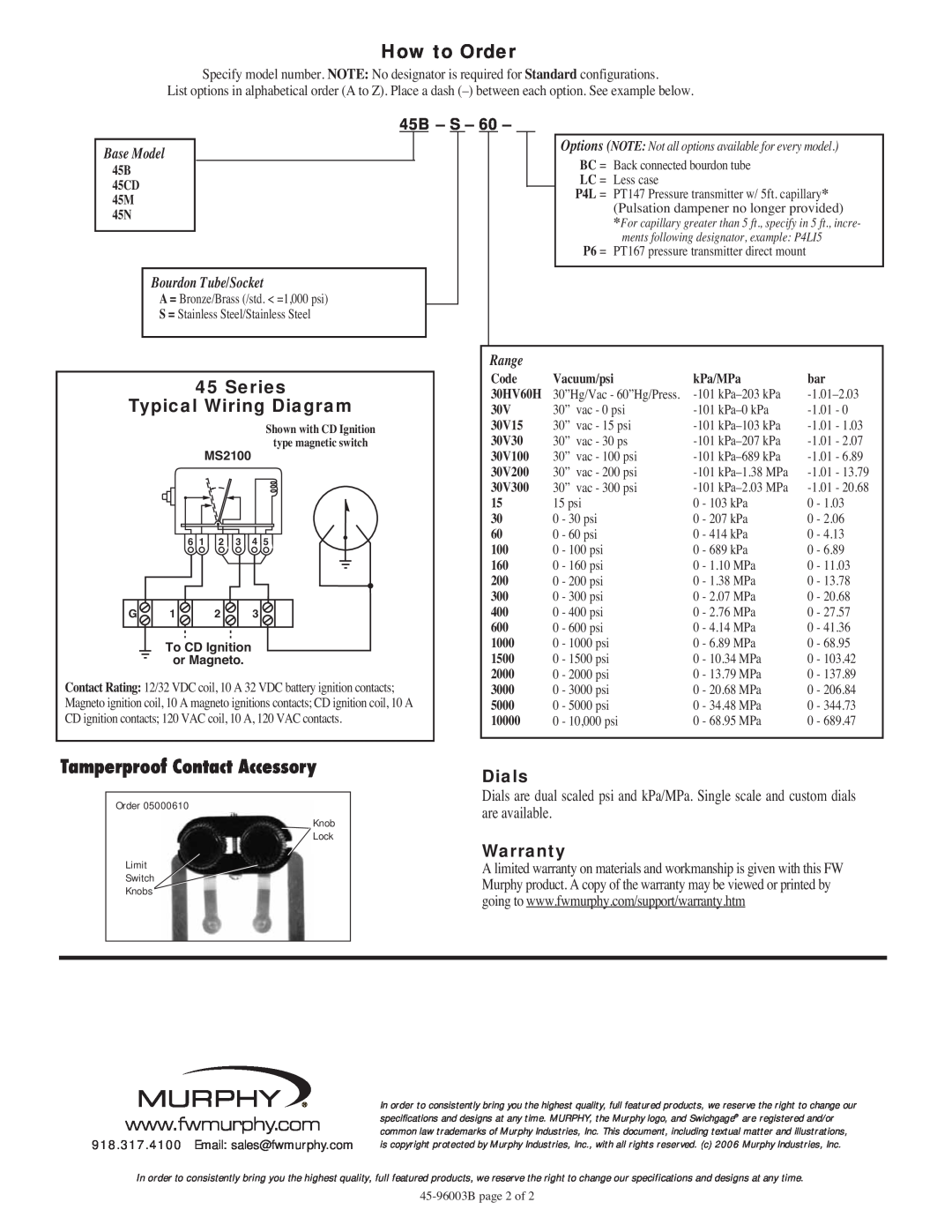 Murphy 45 Series How to Order, 45B - S, Tamperproof Contact Accessory, Series Typical Wiring Diagram, Dials, Warranty 