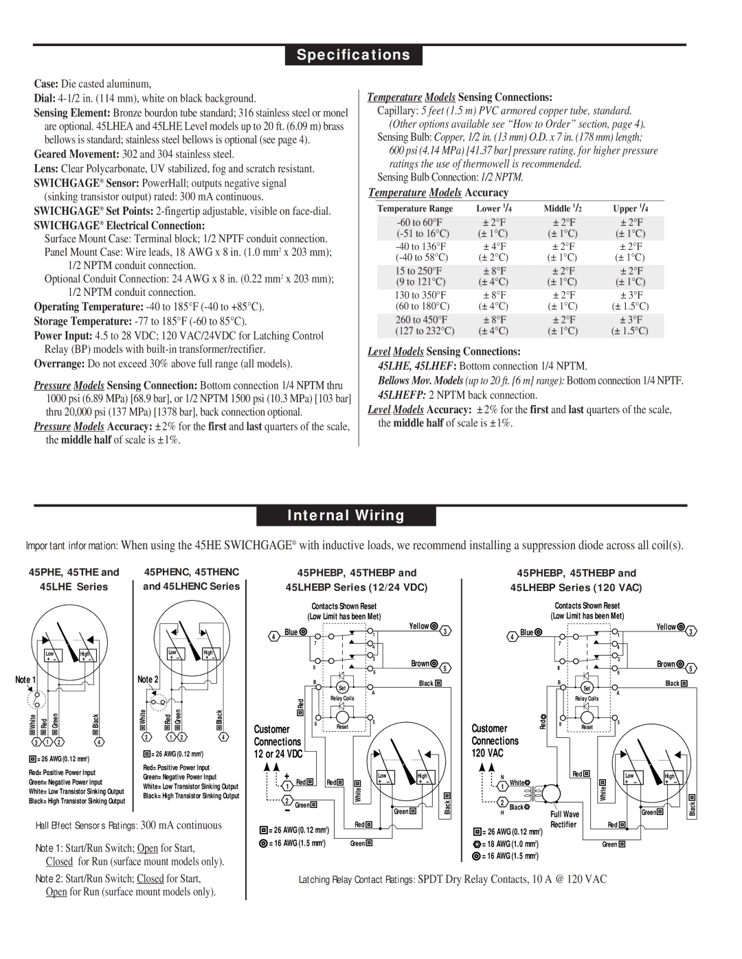 Murphy 45HE Series Specifications, Internal Wiring, 45PHE, 45THE 45LHE Series, 45PHEBP, 45THEBP 45LHEBP Series 12/24 VDC 