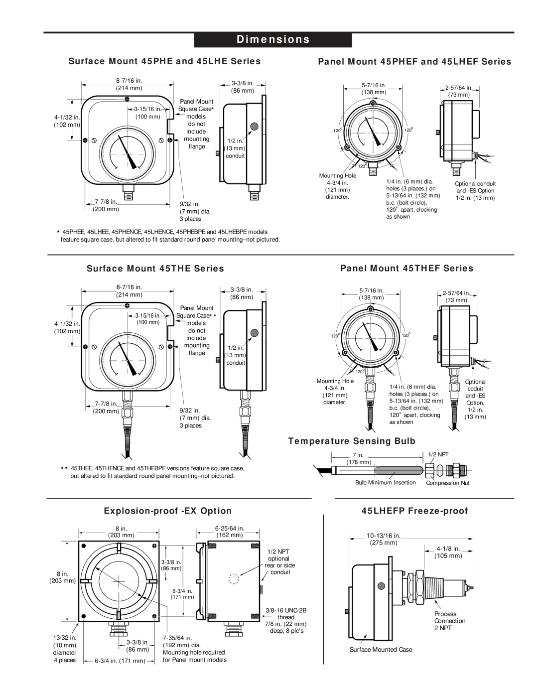 Murphy 45HE Series warranty Dimensions 