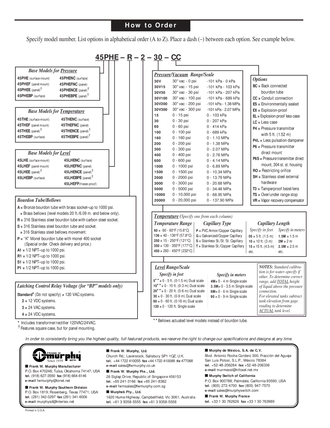 Murphy 45HE Series warranty How to Order 