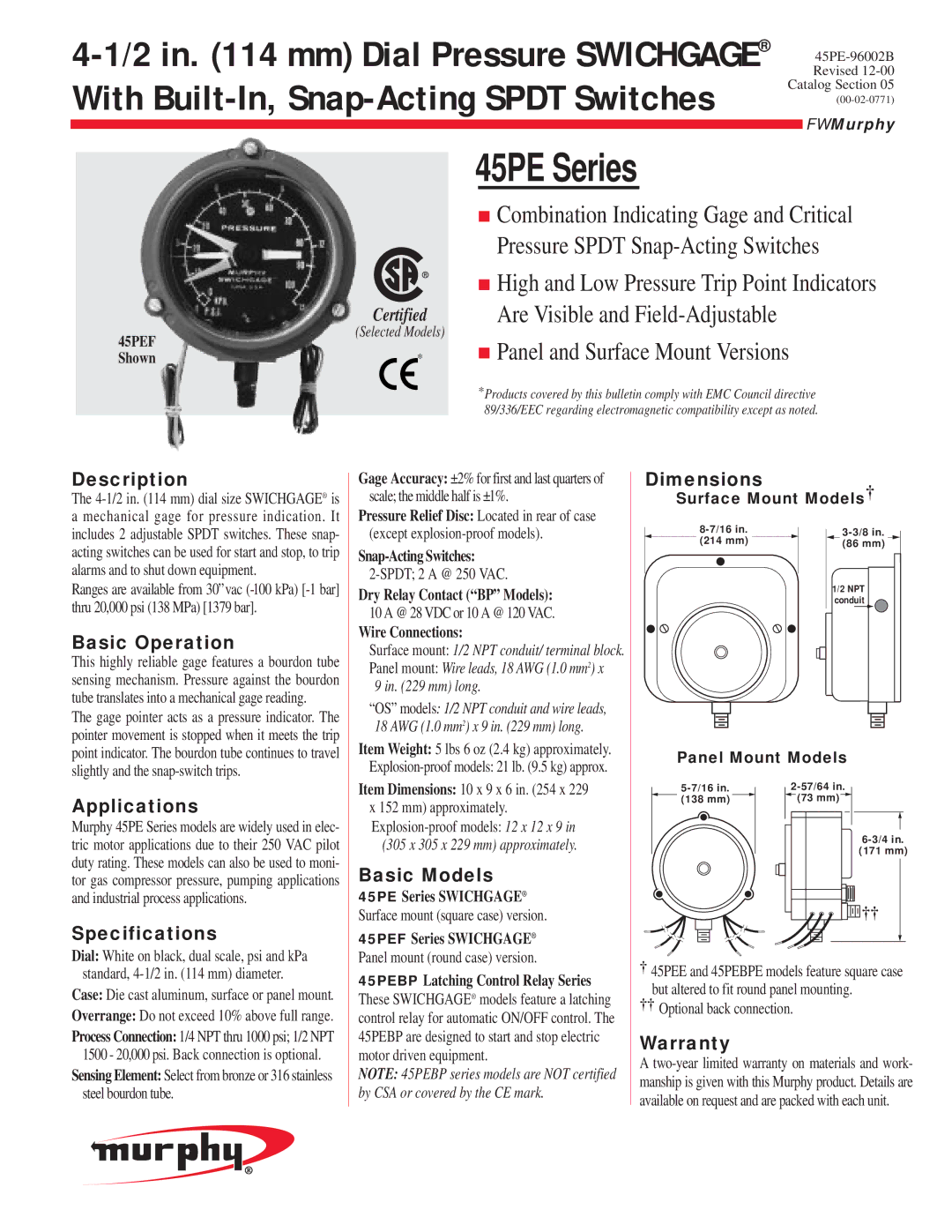 Murphy 45PE Series specifications Description, Basic Operation, Dimensions, Applications, Specifications, Basic Models 