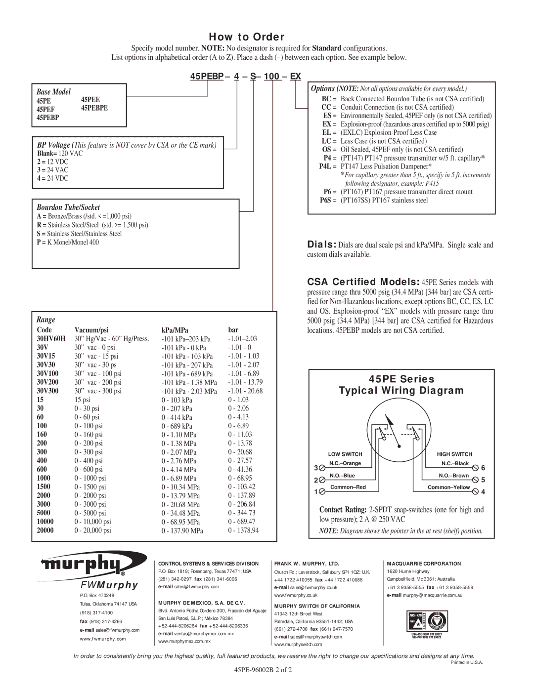 Murphy 45PE Series specifications How to Order, 45PEBP 4 S- 100 EX, Base Model, Bourdon Tube/Socket, Range 