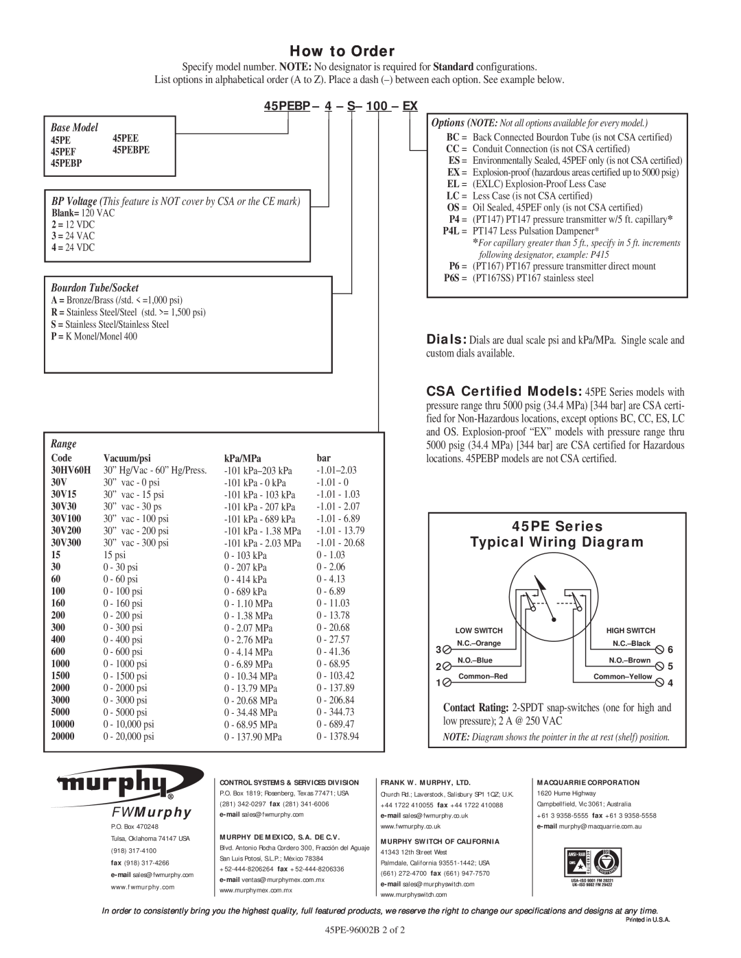 Murphy How to Order, 45PEBP - 4 - S- 100 - EX, 45PE Series Typical Wiring Diagram, FWMurphy, Base Model, Range 