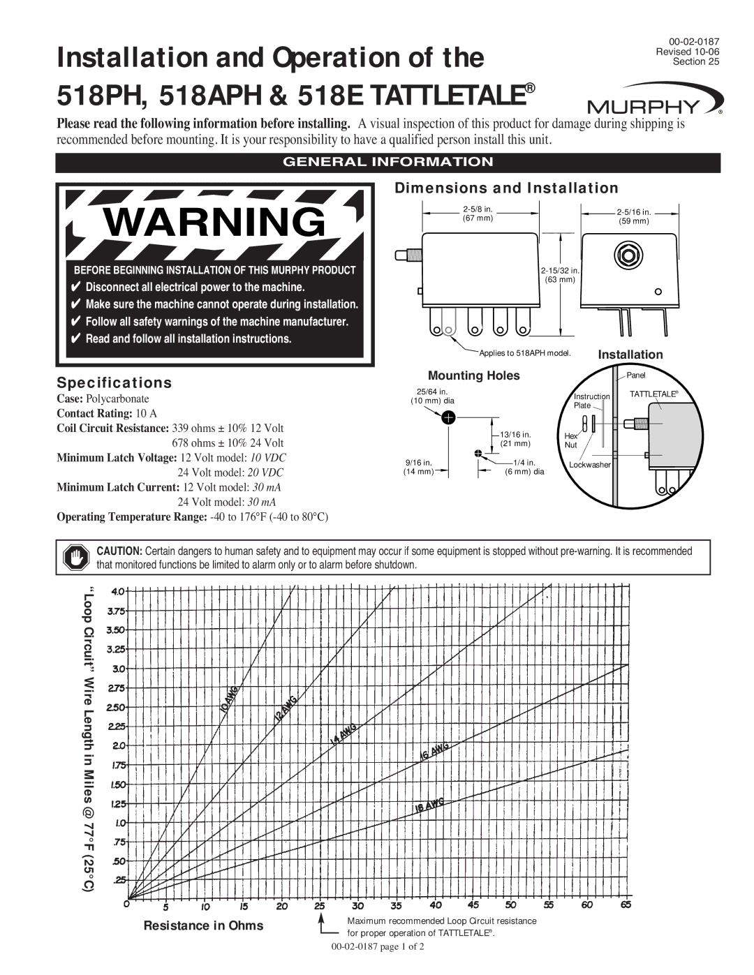 Murphy 518PH, 518APH specifications Specifications, Dimensions and Installation, Resistance in Ohms, General Information 