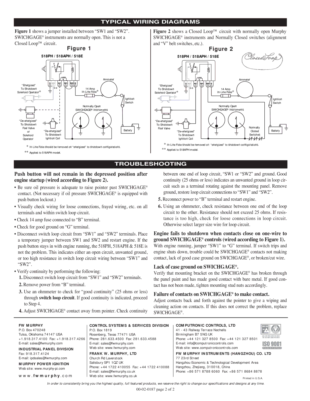 Murphy 518E Lack of case ground on Swichgage, Failure of contacts on Swichgage to make contact, Typical Wiring Diagrams 