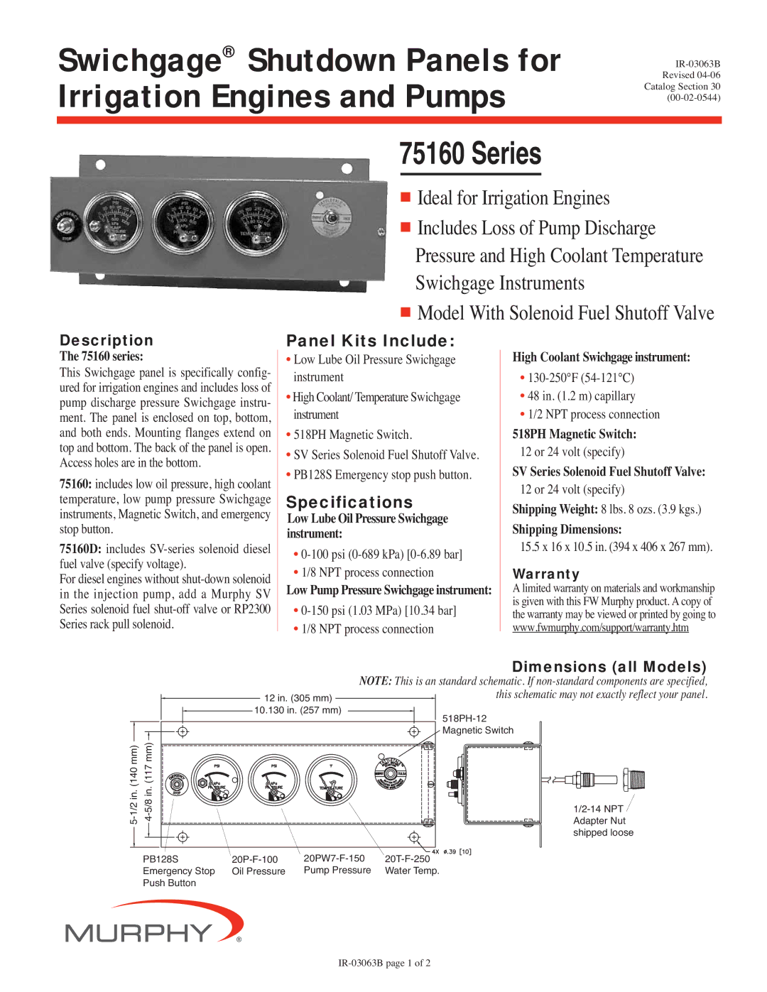 Murphy 75160 Series specifications Panel Kits Include, Specifications, Description, Dimensions all Models 