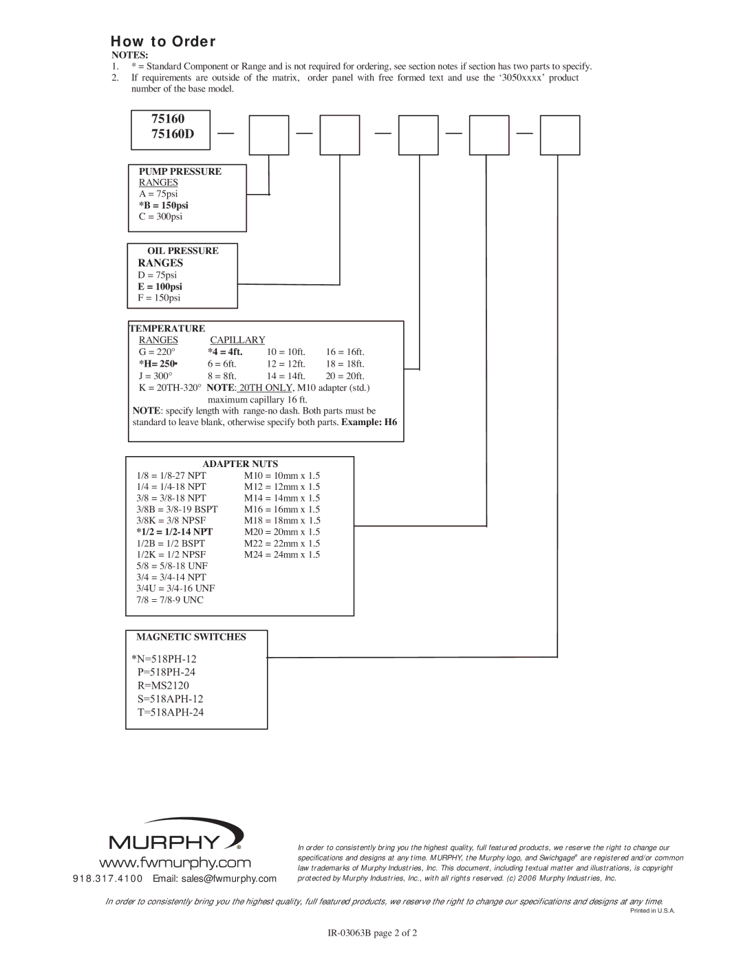 Murphy 75160 Series specifications How to Order 