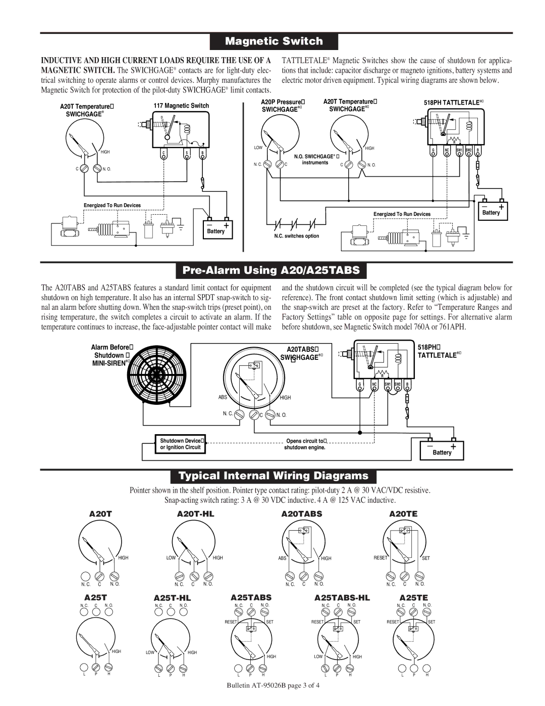 Murphy A20 Series, A25 Series specifications Magnetic Switch, Pre-Alarm Using A20/A25TABS, Typical Internal Wiring Diagrams 