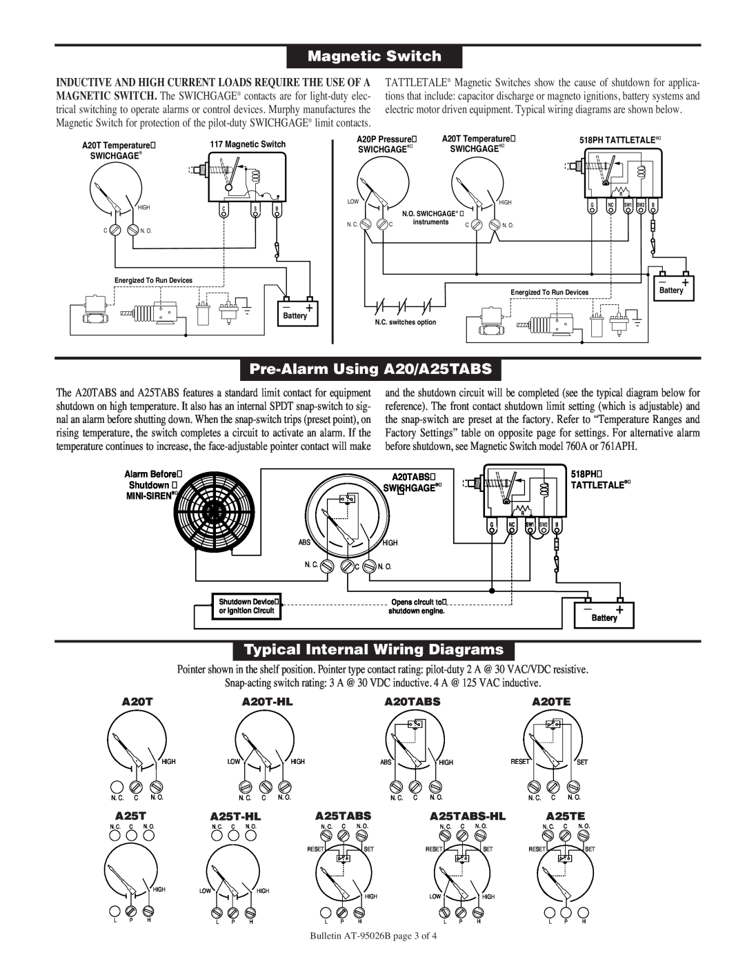 Murphy A20 Series Magnetic Switch, Pre-Alarm Using A20/A25TABS, Typical Internal Wiring Diagrams, A20T-HL, A20TABS 