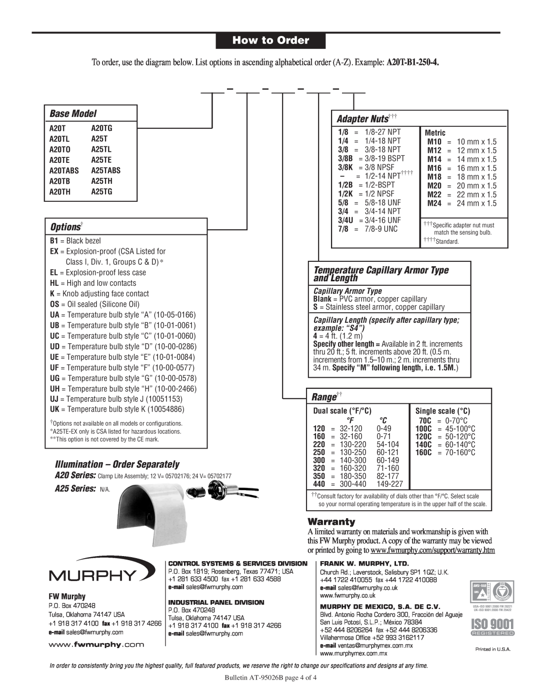 Murphy How to Order, Warranty, A25 Series N/A, Base Model, Options†, Illumination - Order Separately, Adapter Nuts††† 