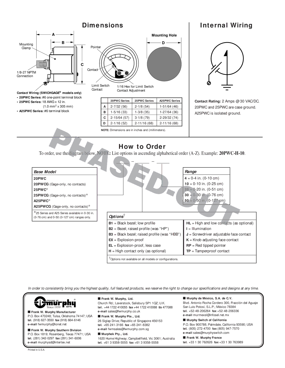Murphy A25PWC, 20PWC specifications Base Model, Range, Options† 
