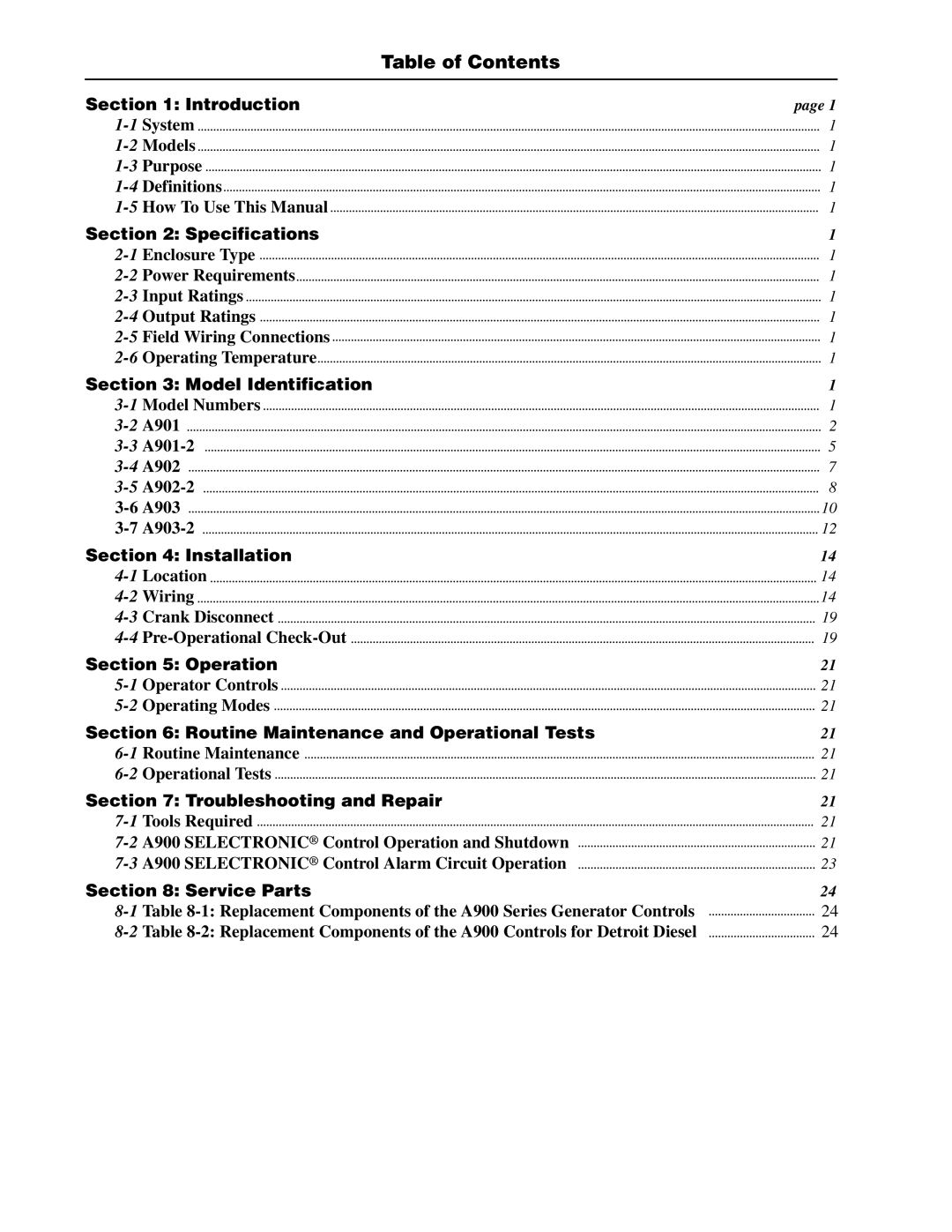 Murphy A900 Series manual Table of Contents 