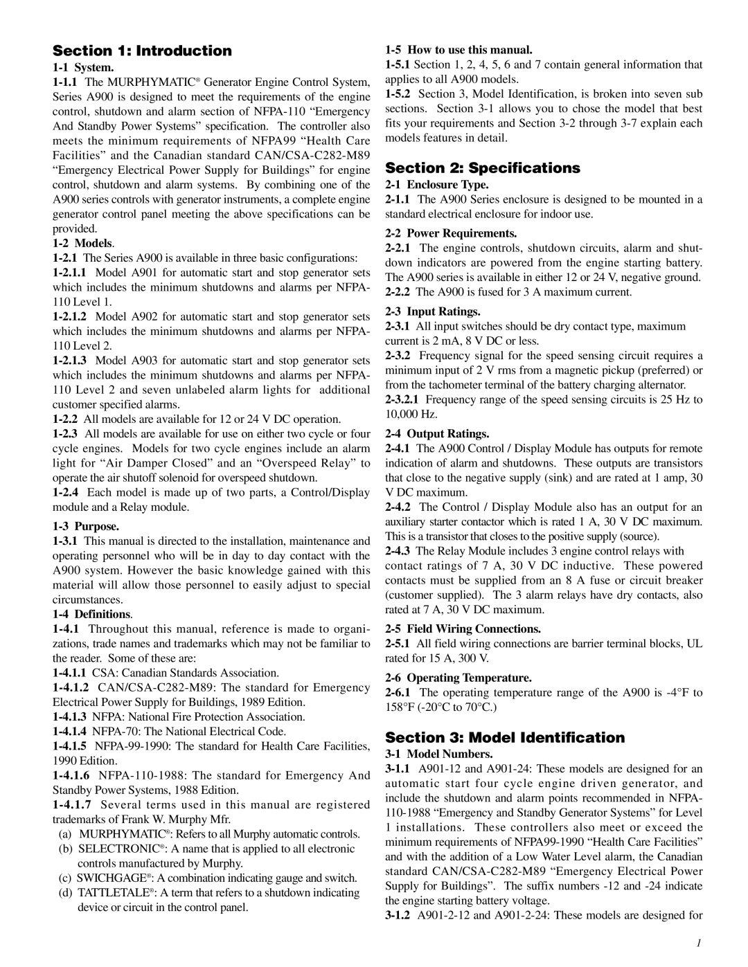 Murphy A900 Series System, Models, Purpose, Definitions, How to use this manual, Enclosure Type, Power Requirements 