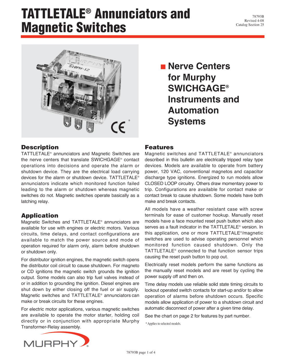 Murphy Annunciators and Magnetic Switches manual Description, Application, Features 