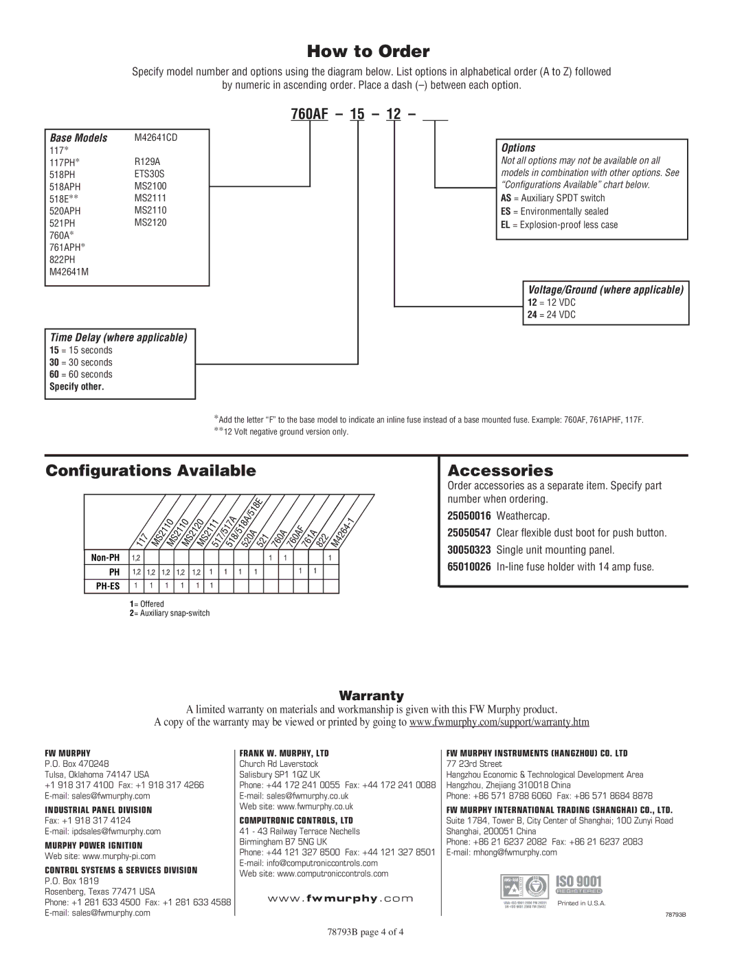 Murphy Annunciators and Magnetic Switches manual Configurations Available, Accessories, ETS30S 