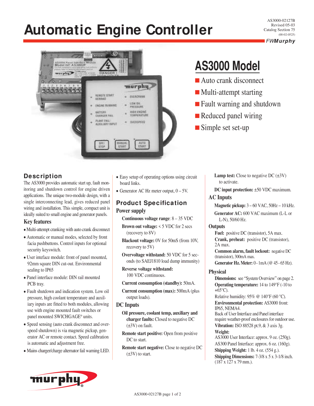 Murphy AS3000 dimensions Key features, Power supply, DC Inputs, AC Inputs 