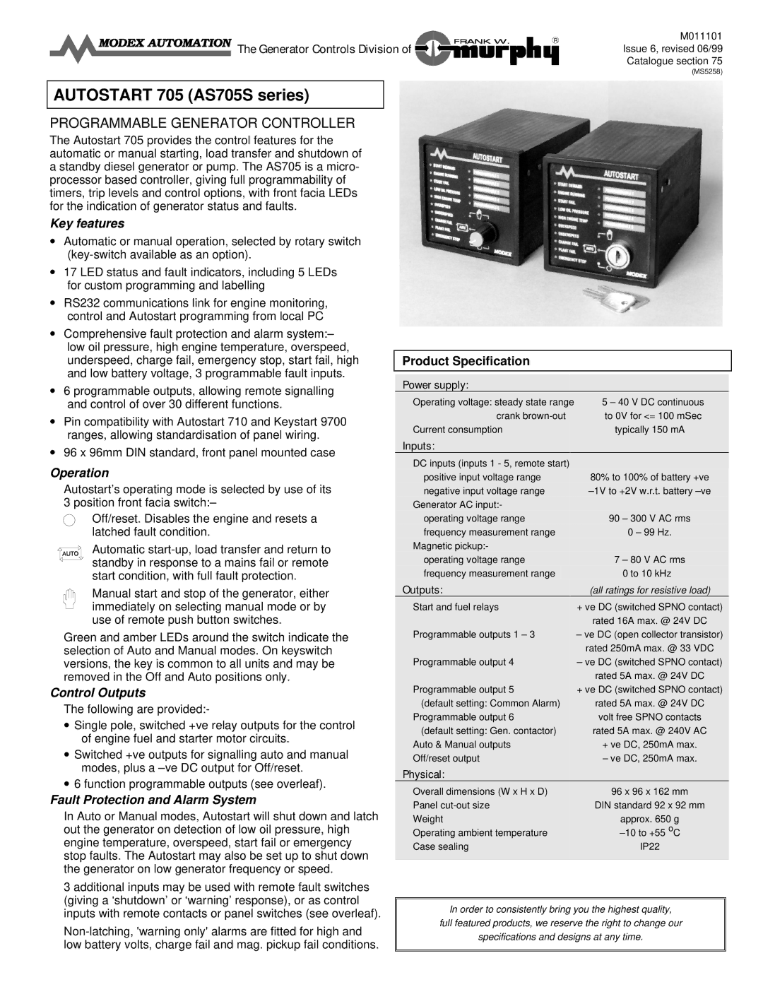 Murphy AS705S dimensions Key features, Operation, Control Outputs, Fault Protection and Alarm System 