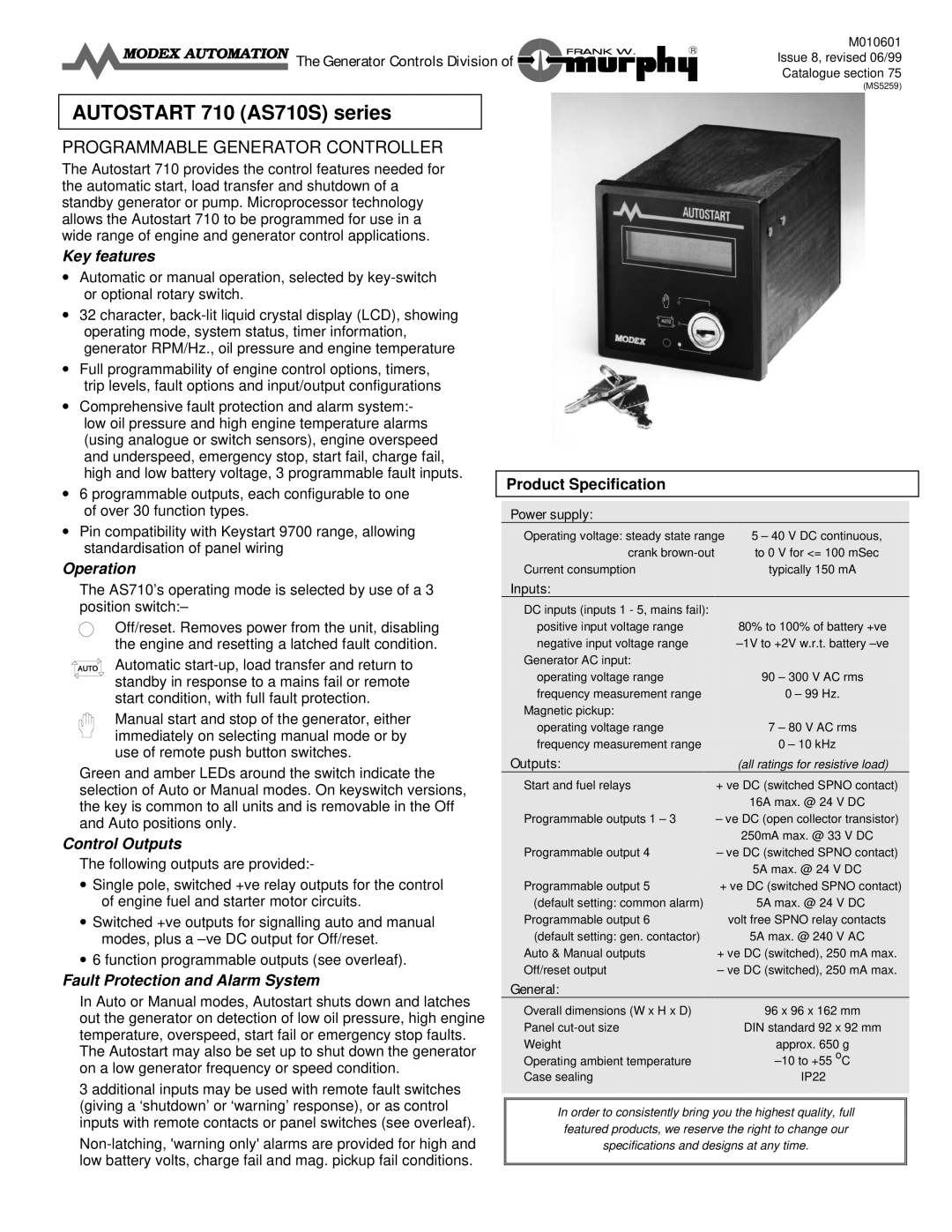 Murphy AS710S dimensions Key features, Operation, Control Outputs, Fault Protection and Alarm System 