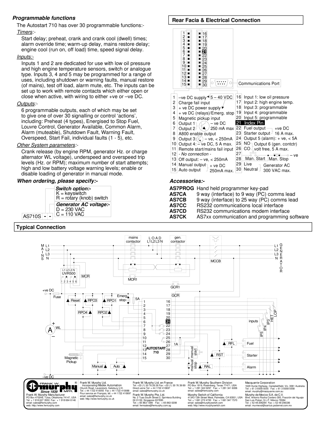 Murphy AS710S Programmable functions, Rear Facia & Electrical Connection, When ordering, please specify, Accessories 