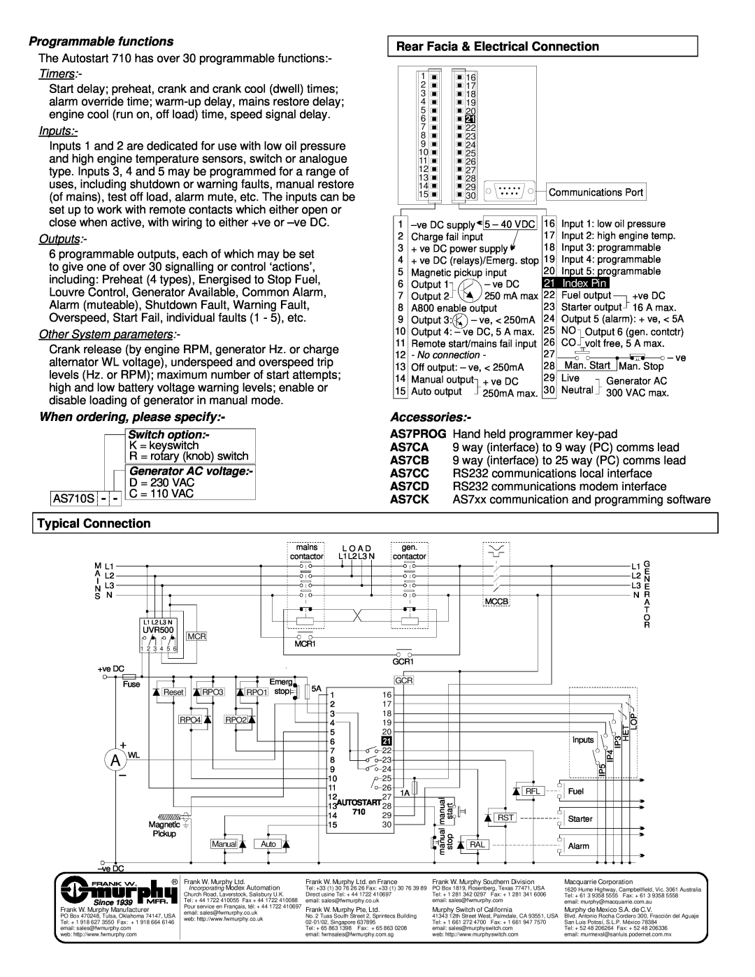 Murphy AS710S Programmable functions, Rear Facia & Electrical Connection, Timers, Inputs, Outputs, Other System parameters 