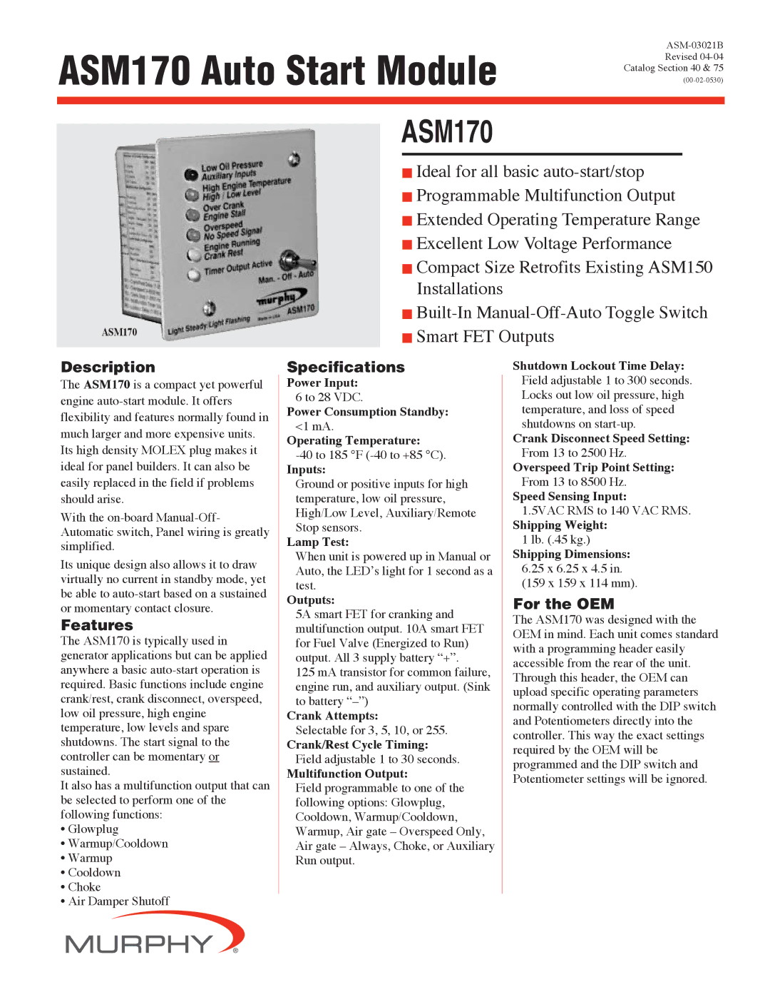 Murphy ASM170 specifications Description, Features, Specifications, For the OEM 