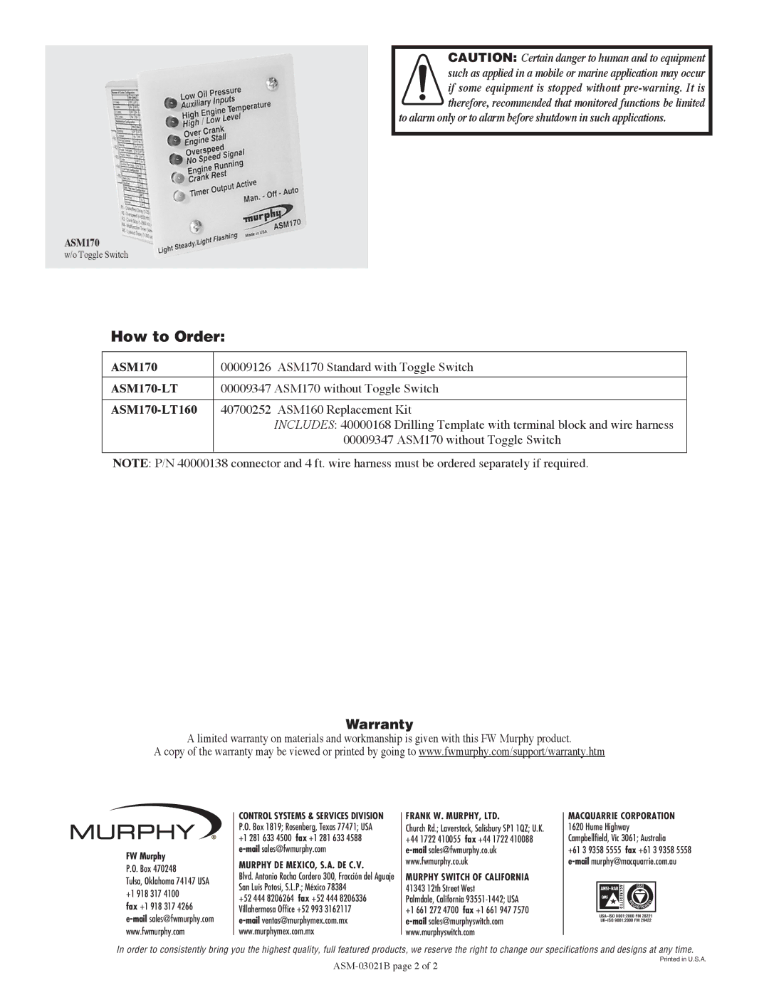 Murphy specifications How to Order, ASM170-LT160 