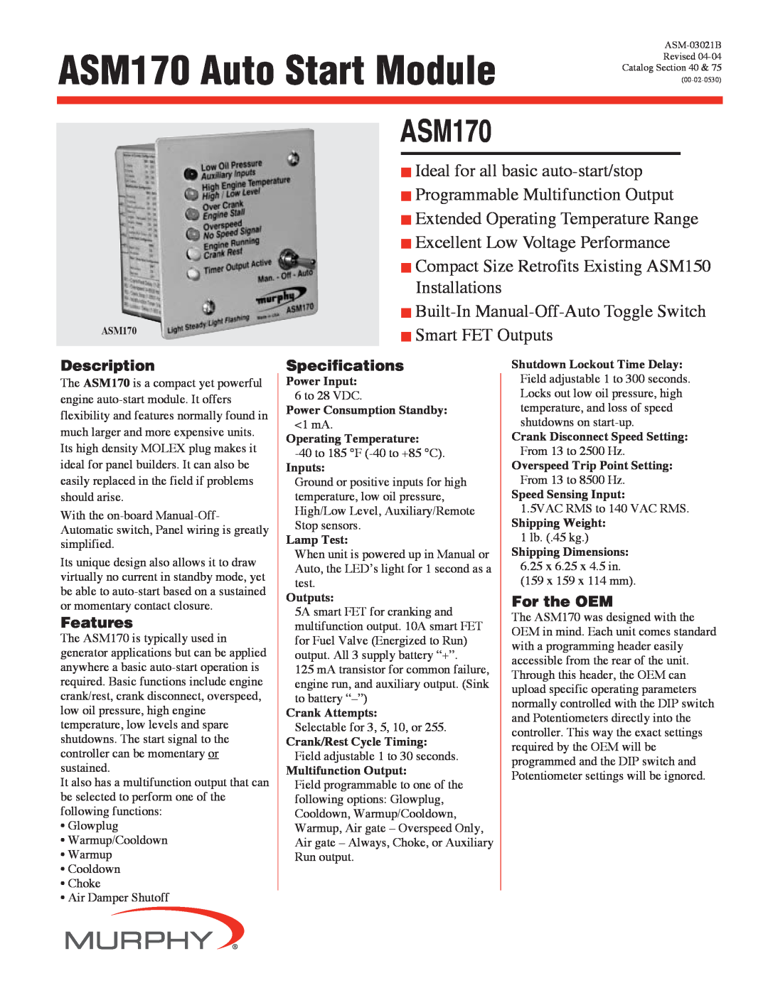 Murphy specifications Description, Features, Specifications, For the OEM, ASM170 Auto Start Module 