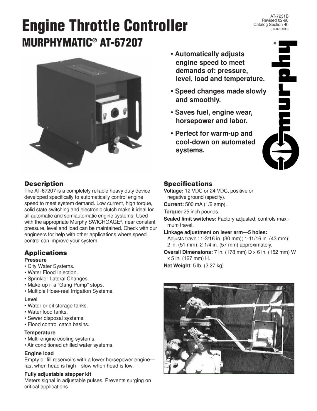 Murphy specifications Engine Throttle Controller, Murphymatic AT-67207, Description, Specifications, Applications 