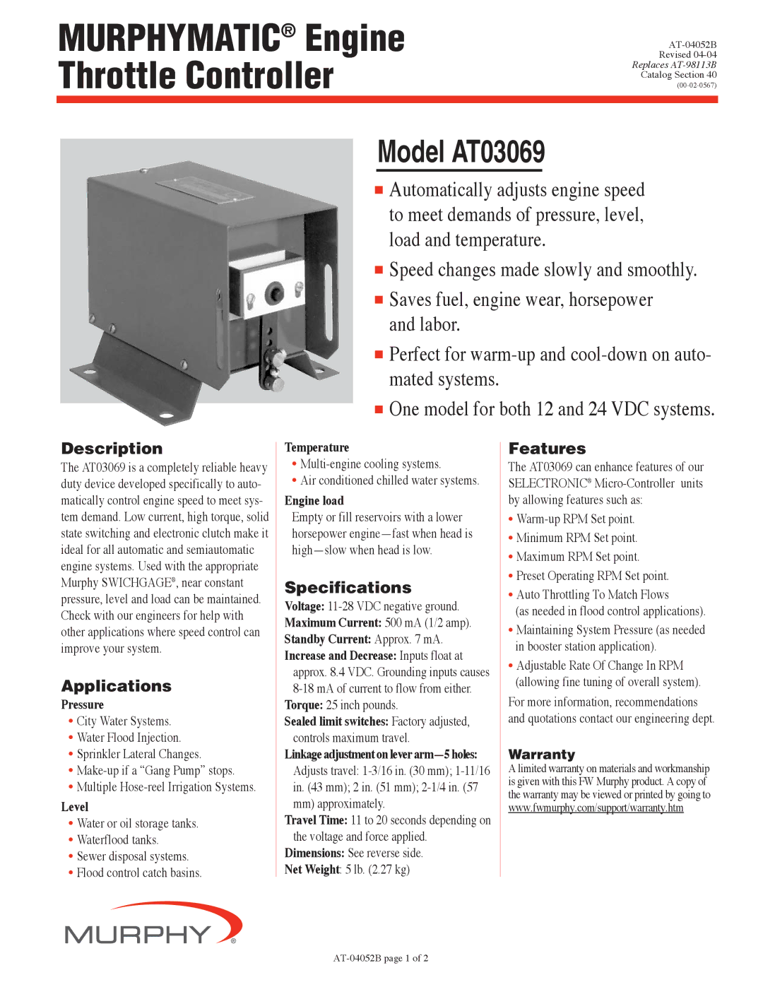 Murphy AT03069 specifications Description, Applications, Specifications, Features 