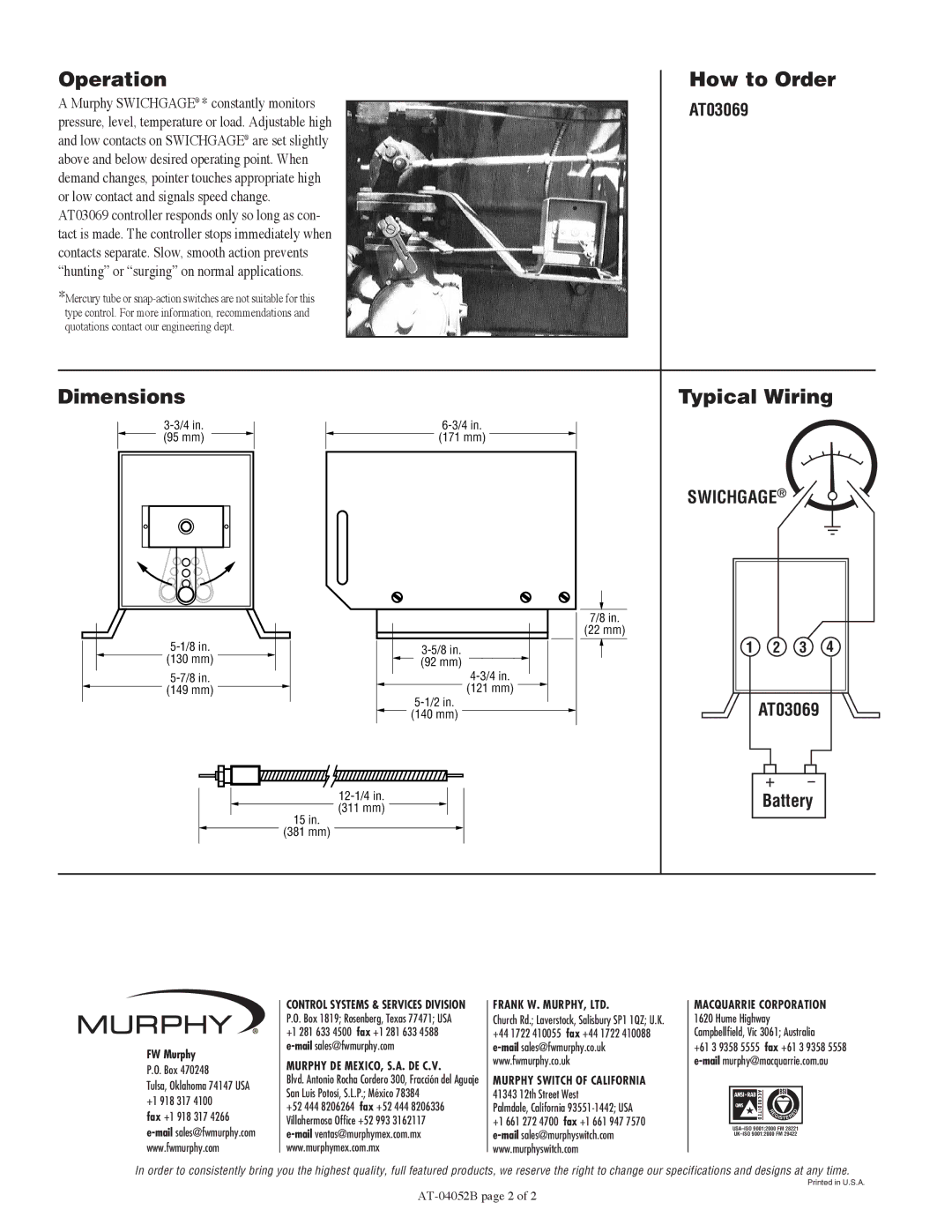 Murphy AT03069 specifications Operation How to Order, Dimensions Typical Wiring 