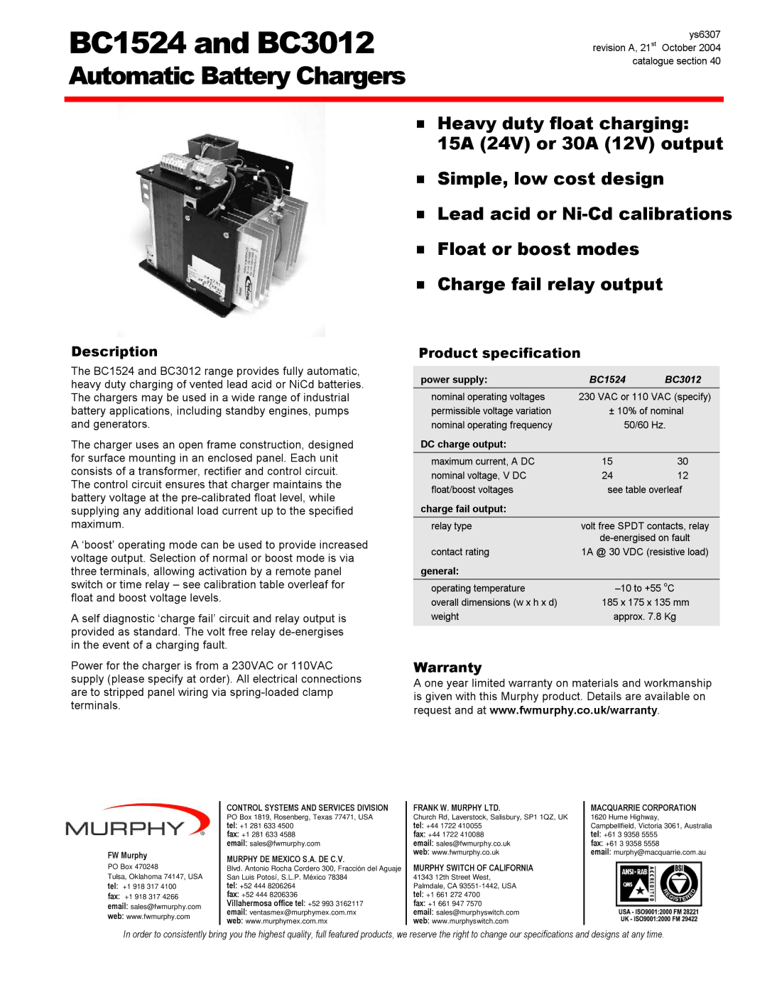 Murphy BC1524, BC3012 warranty Description, Product specification, Warranty 