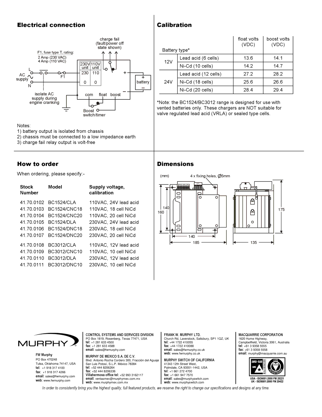 Murphy BC3012, BC1524 warranty Electrical connection Calibration, Vdc 