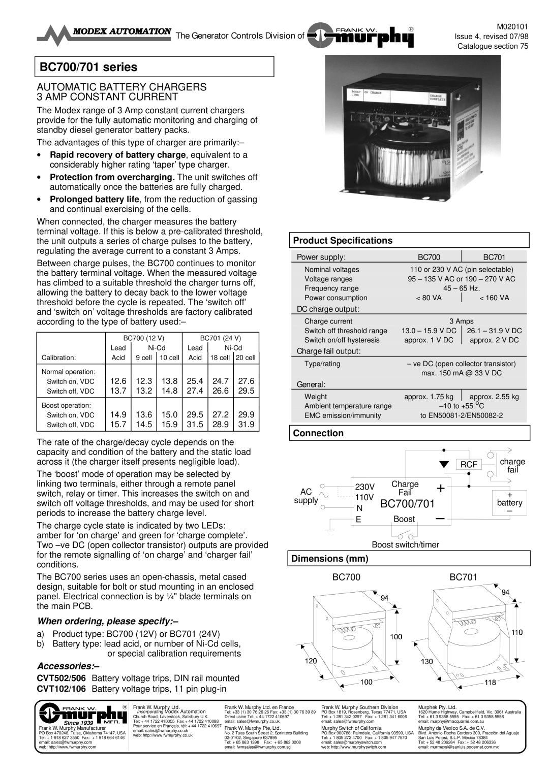 Murphy BC701 Series, BC700 Series dimensions When ordering, please specify, Accessories 