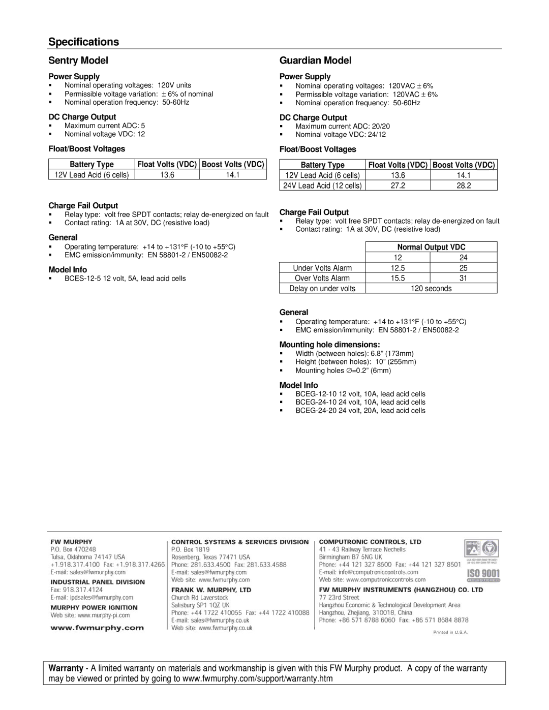 Murphy BCES-12-5 specifications Specifications, Sentry Model, Guardian Model 