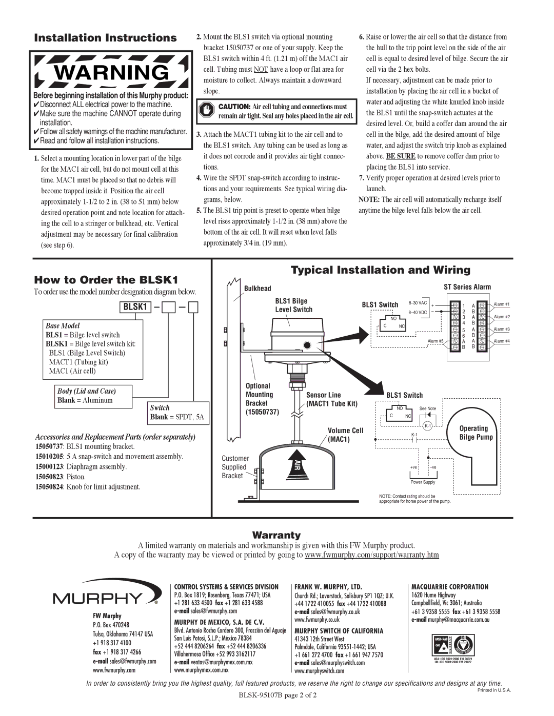 Murphy BLSK1 Series dimensions Installation Instructions, How to Order the BLSK1, Typical Installation and Wiring 