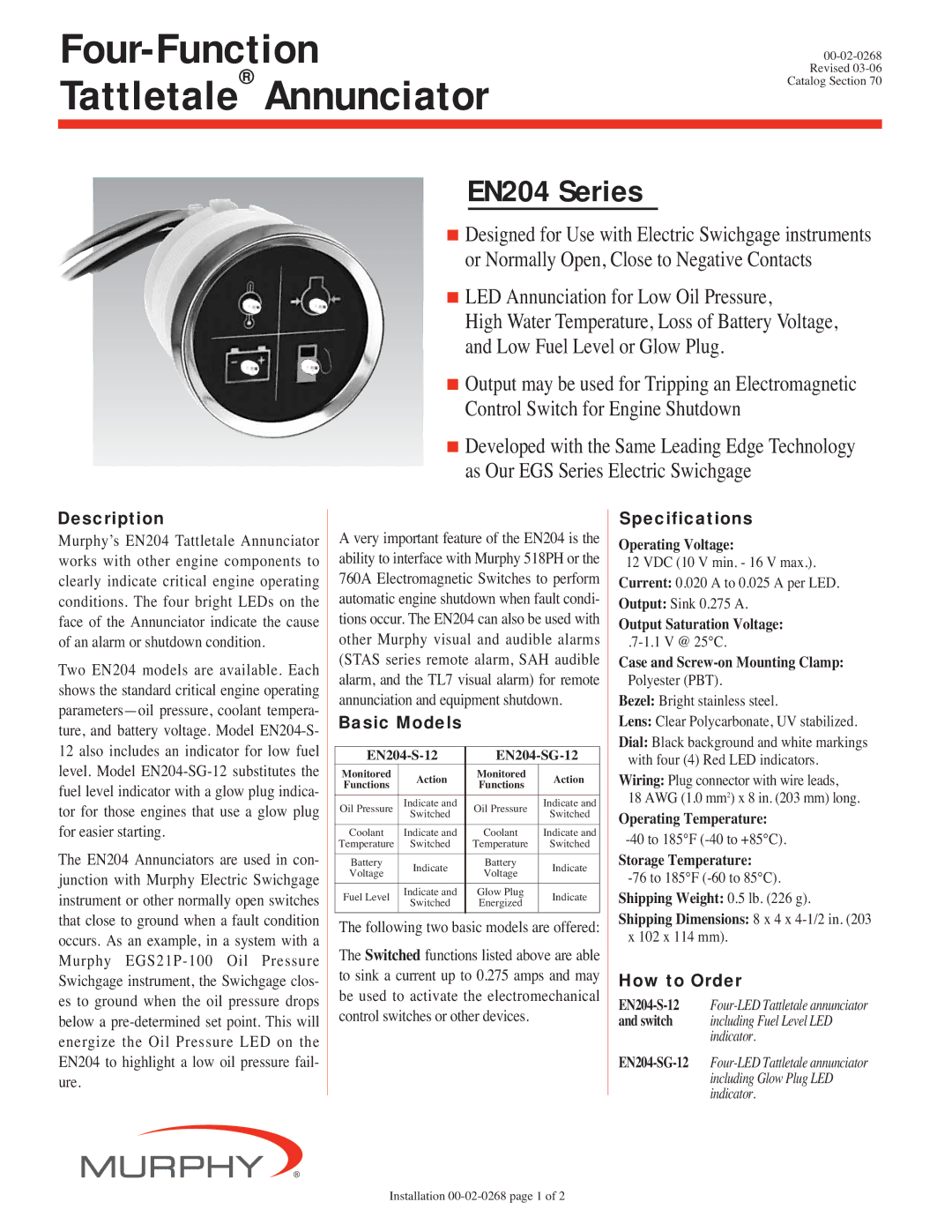 Murphy BN204 Series specifications Description, Basic Models, Specifications, How to Order 