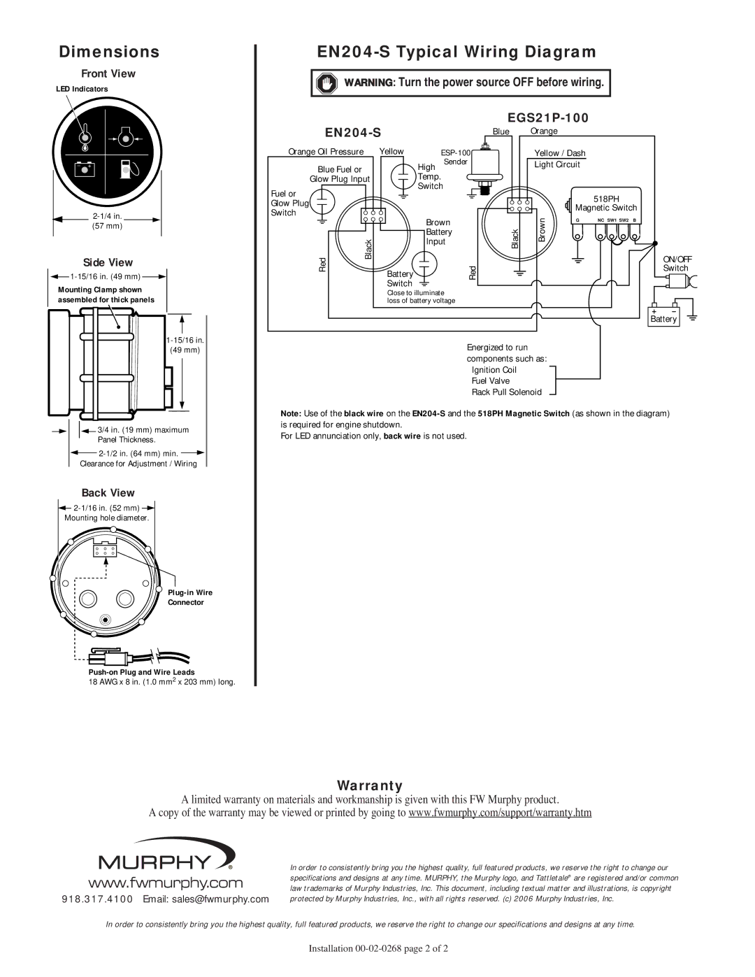 Murphy BN204 Series specifications Warranty, Front View, Side View, Back View, EN204-S EGS21P-100 