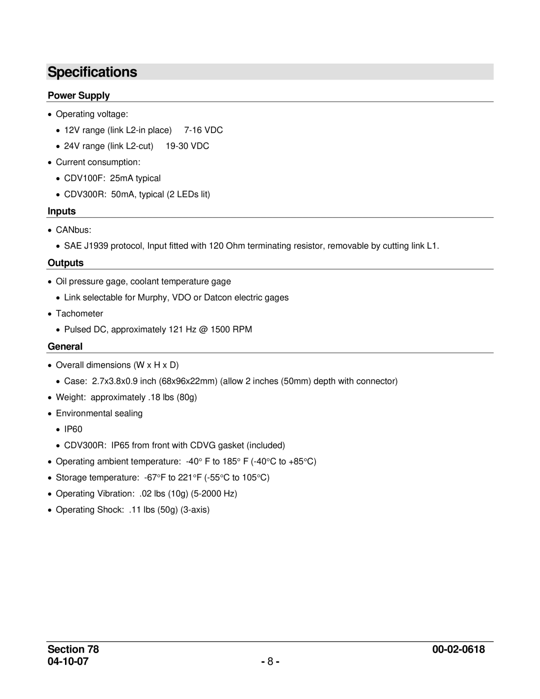 Murphy CDV300R, CDV100F manual Specifications, Power Supply 