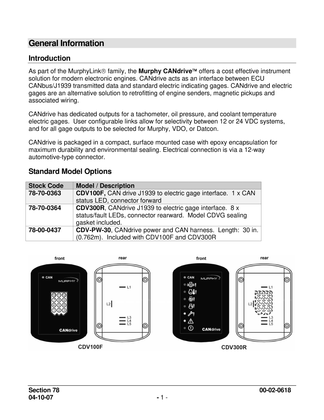 Murphy CDV100F, CDV300R manual General Information, Introduction, Standard Model Options 