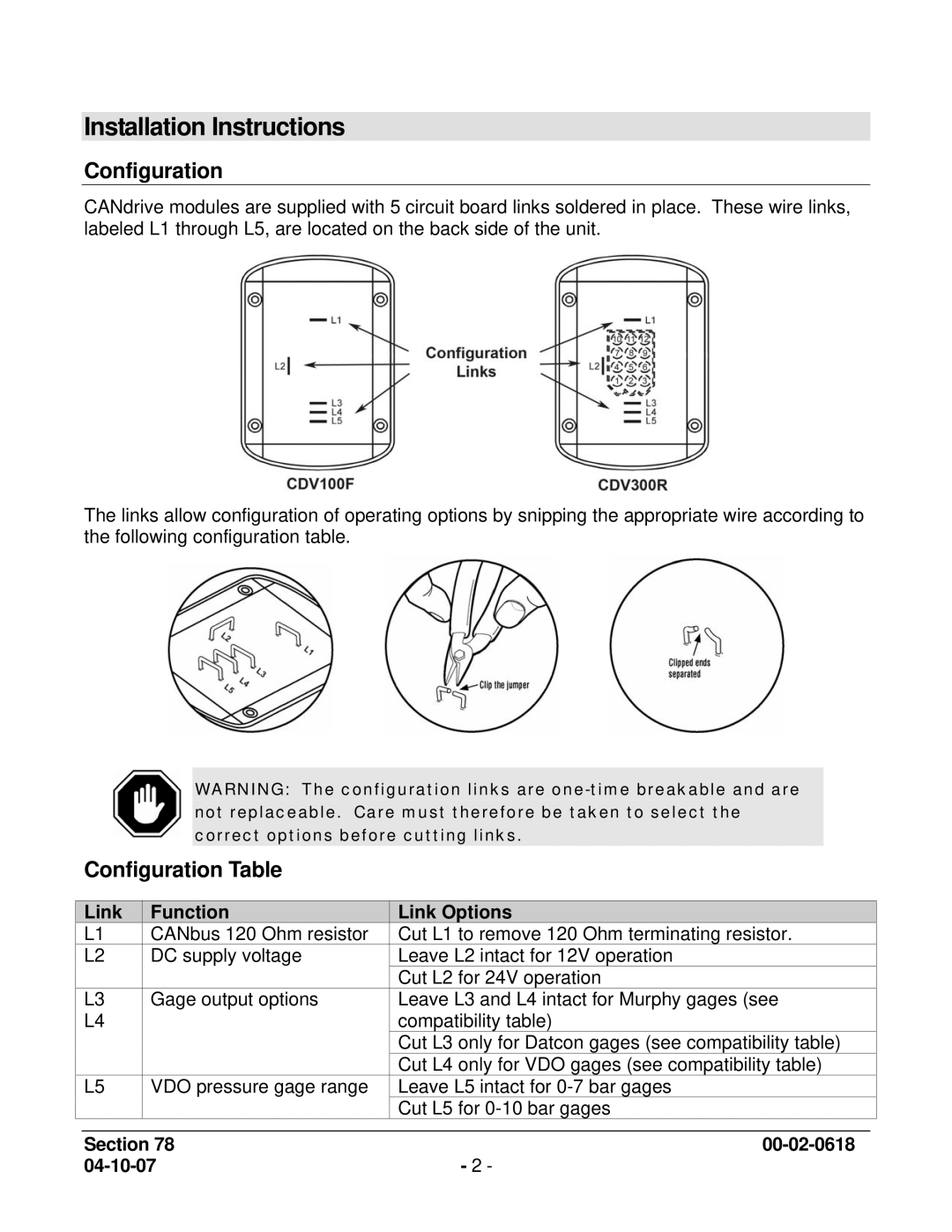 Murphy CDV300R, CDV100F manual Installation Instructions, Configuration Table, Link Function Link Options 