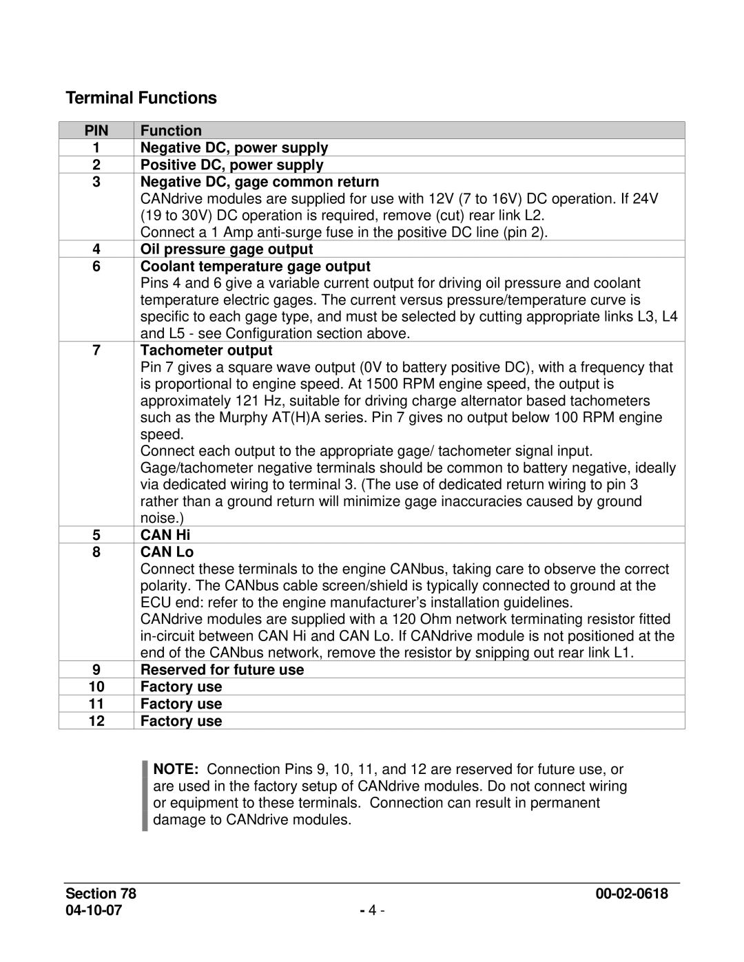 Murphy CDV300R, CDV100F manual Terminal Functions 