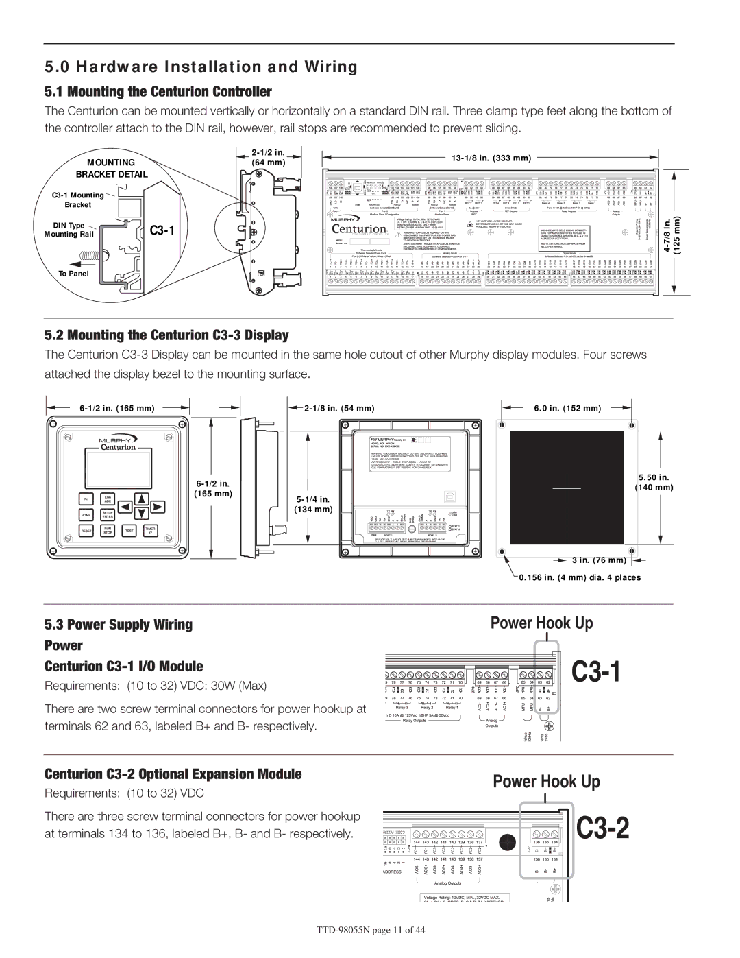 Murphy CE-05171N Hardware Installation and Wiring, Mounting the Centurion Controller, Mounting the Centurion C3-3 Display 