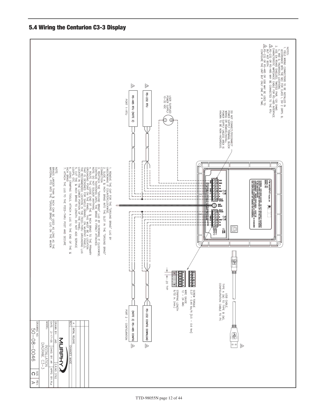 Murphy CE-05171N manual Wiring the Centurion C3-3 Display 