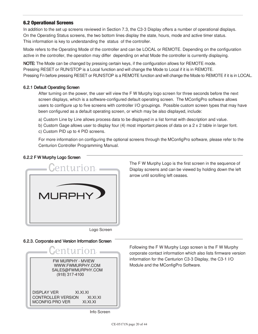 Murphy CE-05171N manual Operational Screens, Display VER, Controller Version, Mconfig PRO VER 