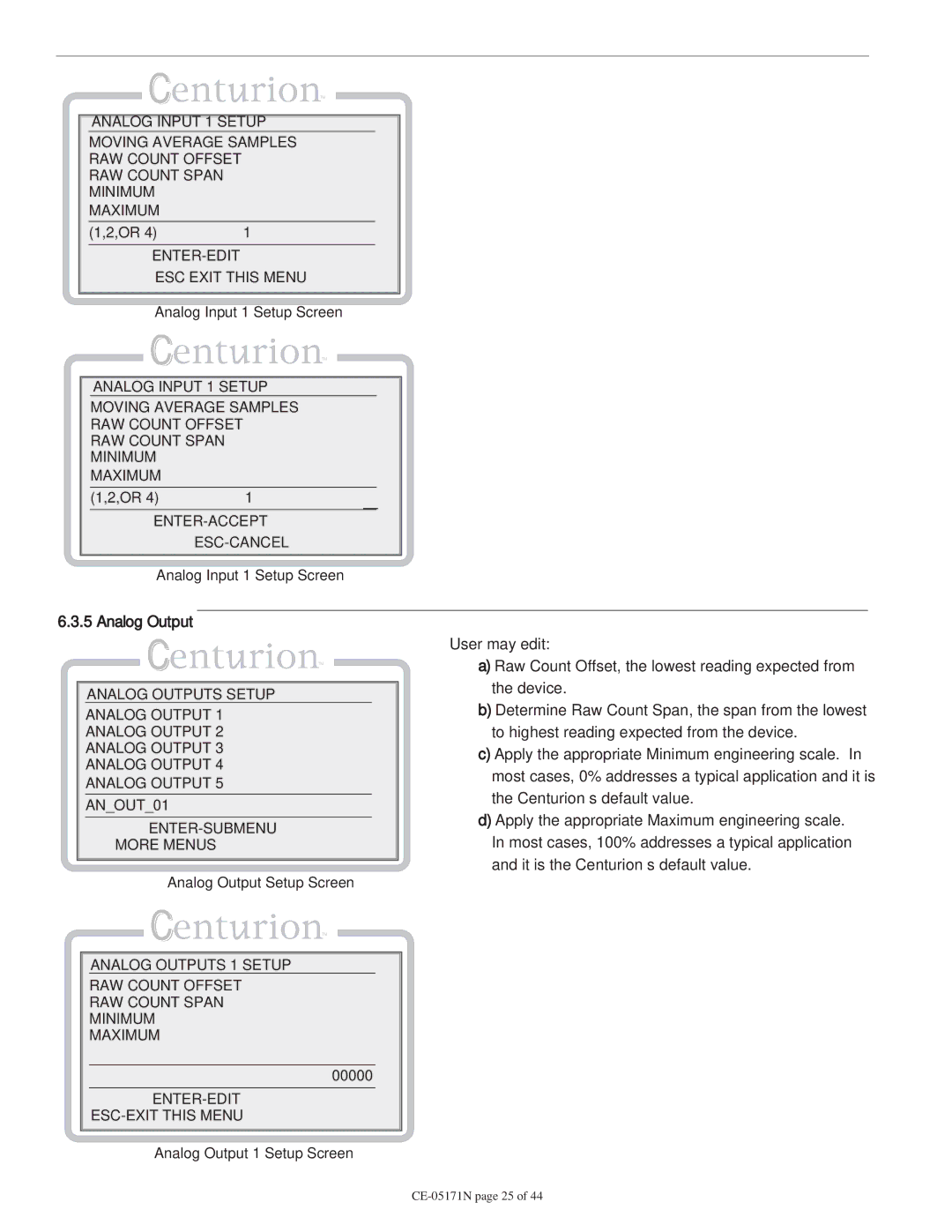 Murphy CE-05171N ESC Exit this Menu, Analog Input 1 Setup Screen, Analog Outputs Setup ANOUT01 ENTER-SUBMENU More Menus 