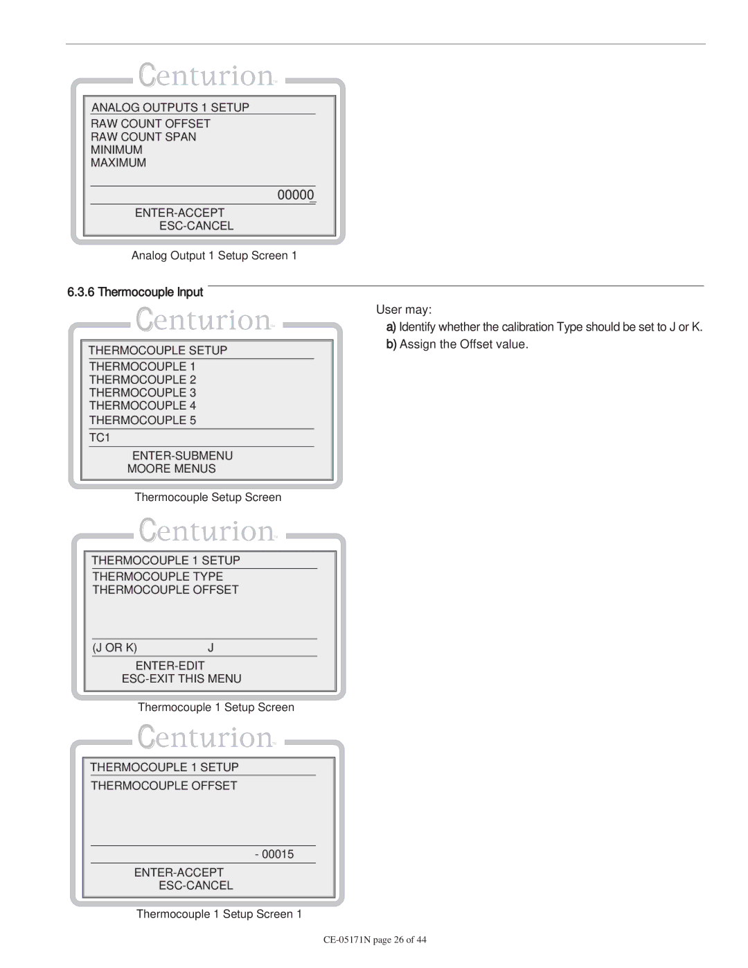 Murphy CE-05171N manual Thermocouple Setup, Thermocouple 1 Setup Type Offset, Thermocouple 1 Setup Thermocouple Offset 