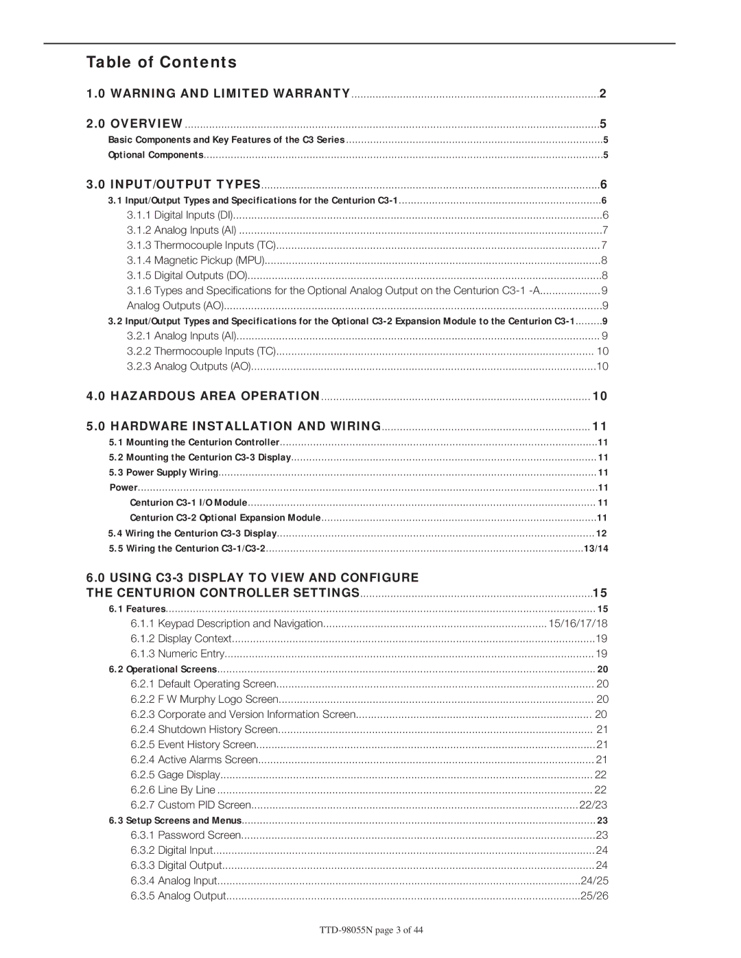 Murphy CE-05171N manual Table of Contents 