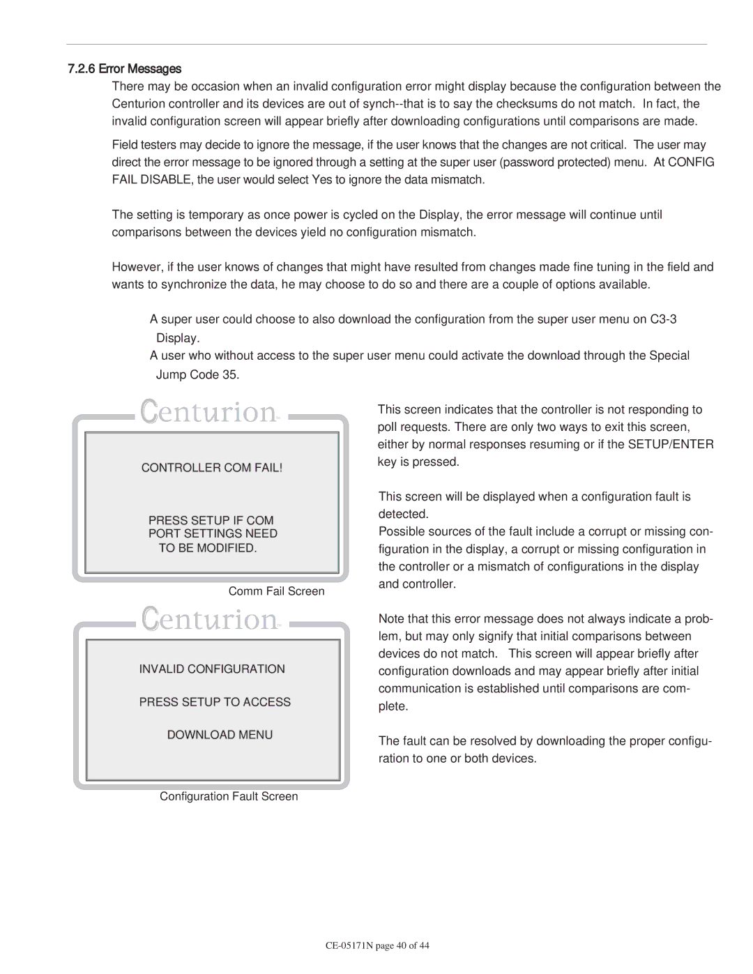 Murphy CE-05171N Comm Fail Screen, Invalid Configuration Press Setup to Access Download Menu, Configuration Fault Screen 